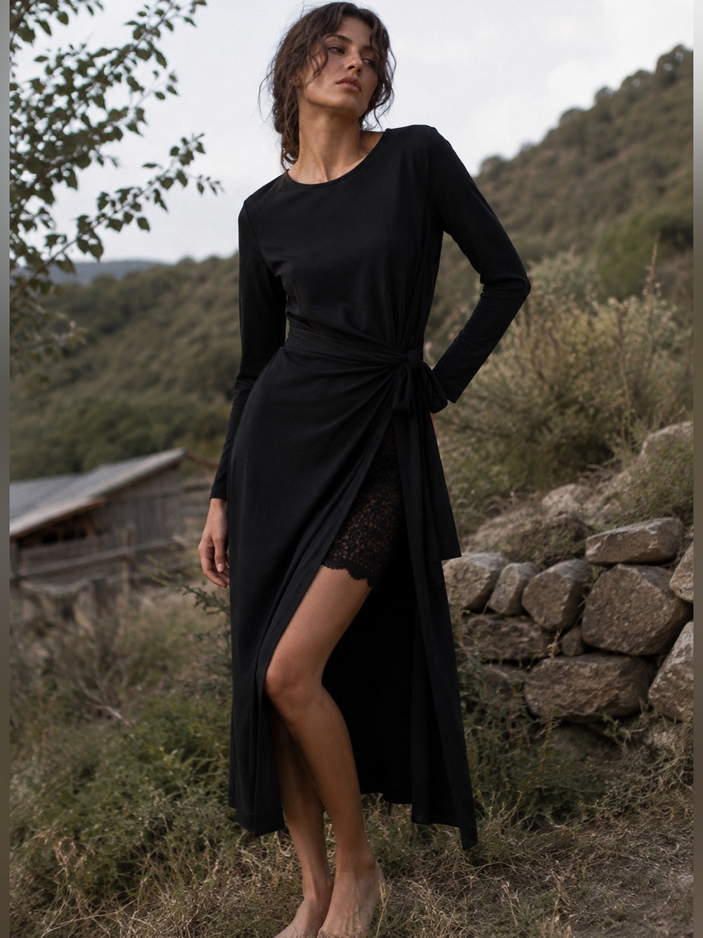 THE KOOPLES Black Long Sleeve Wrap Maxi Dress with Lace Insert